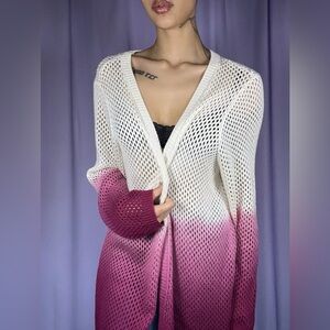 White & Pink Ombre Open Front Crochet Cardigan Size L Magenta Hippie Boho Barbie